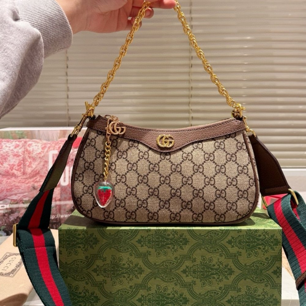 Gvc*1 Ophidia Small Shoulder Bag Beige And Dark Brown 25Cm 735132 Fable 9442