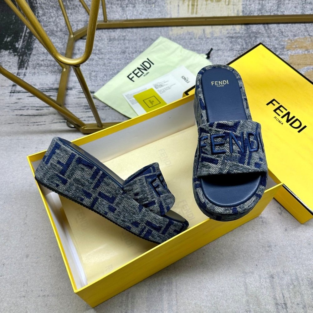 F**di Sunshine Ff Denim Flatform Slides Blue 8R8515Aosif1Pze