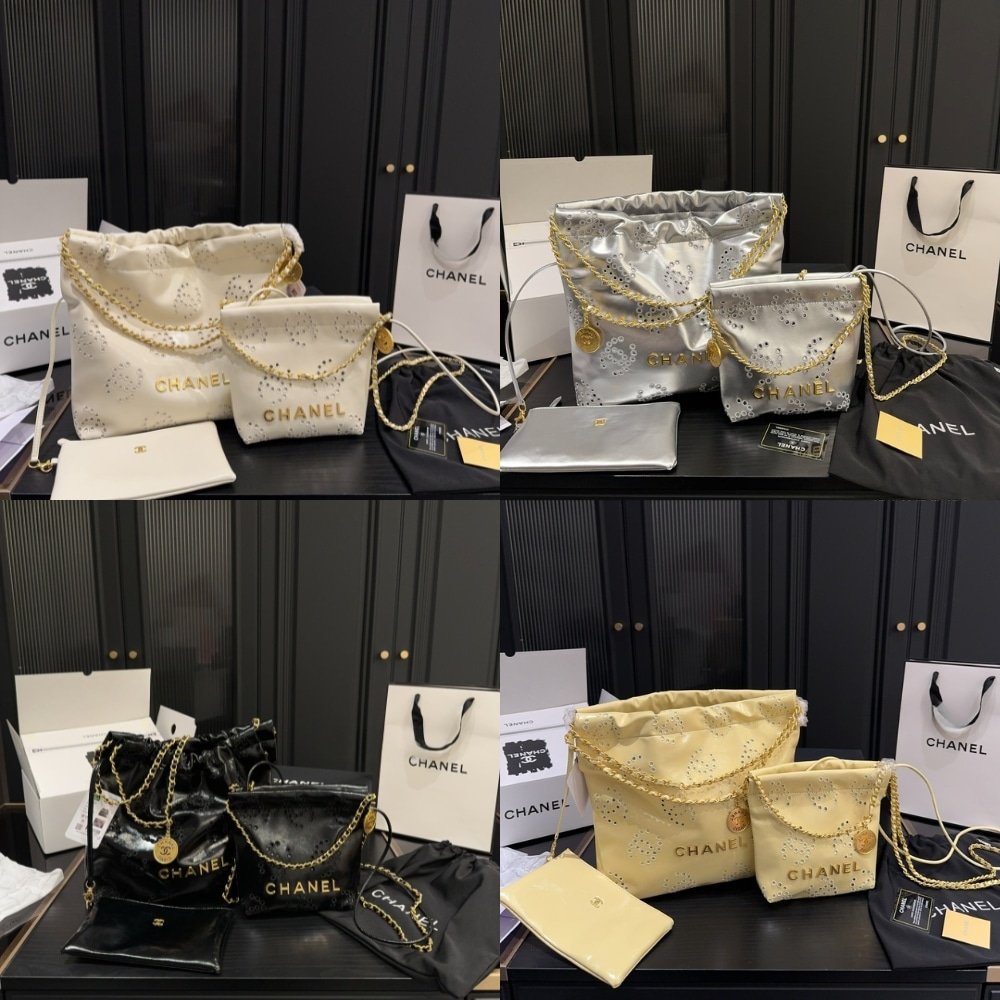 Ch**el 22 Mini Handbag Shiny And Gold Tone Metal White As3980 B19648 10601