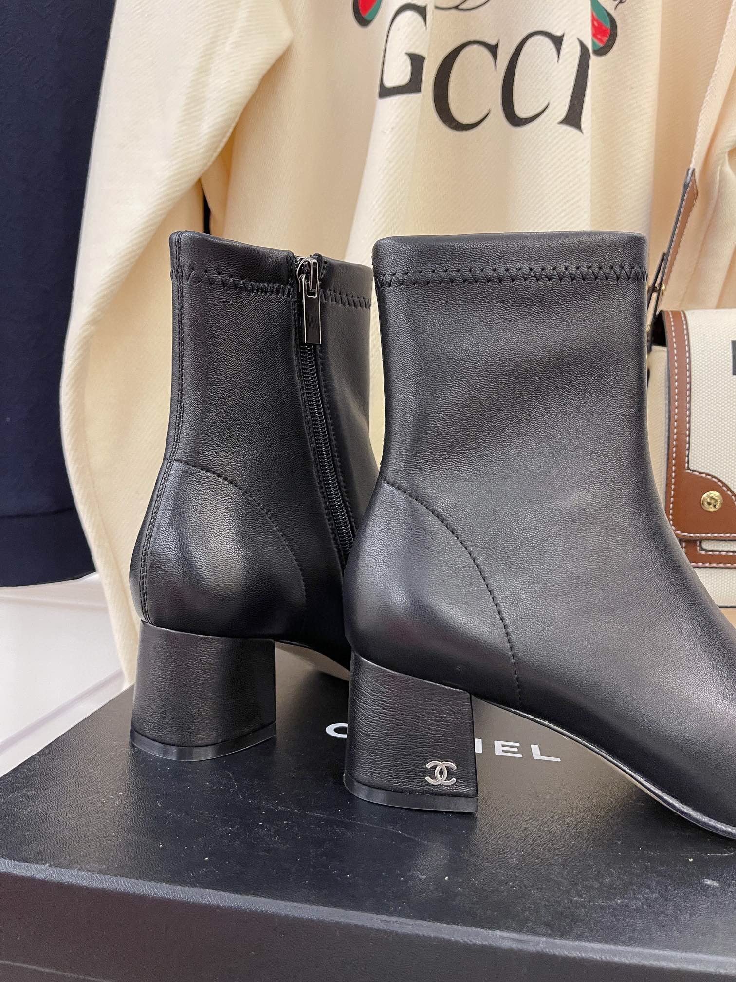 Ch**el Square Toe Leather Ankle Boots Shiny Black