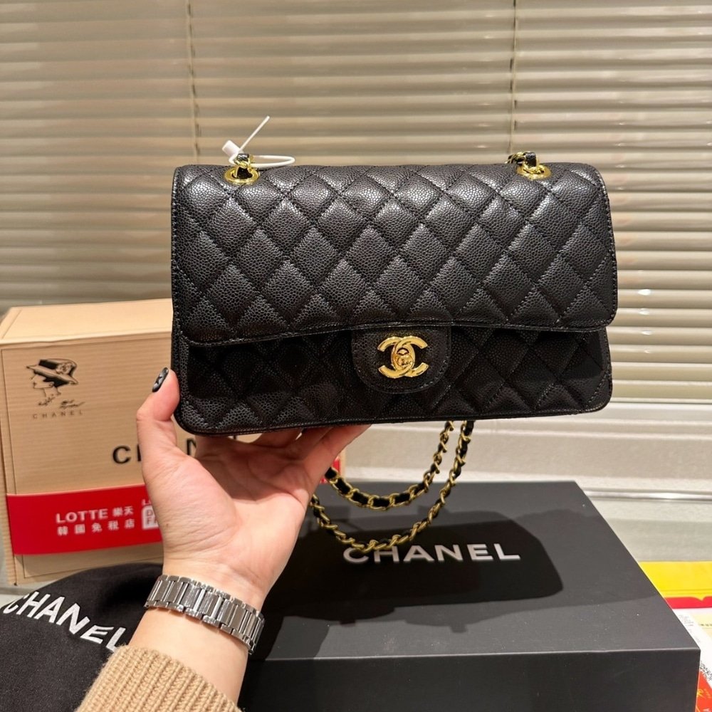 Ch**el Medium Classic Handbag Grained And Gold Tone Metal Black 26Cm A01113 Y01864 C3906