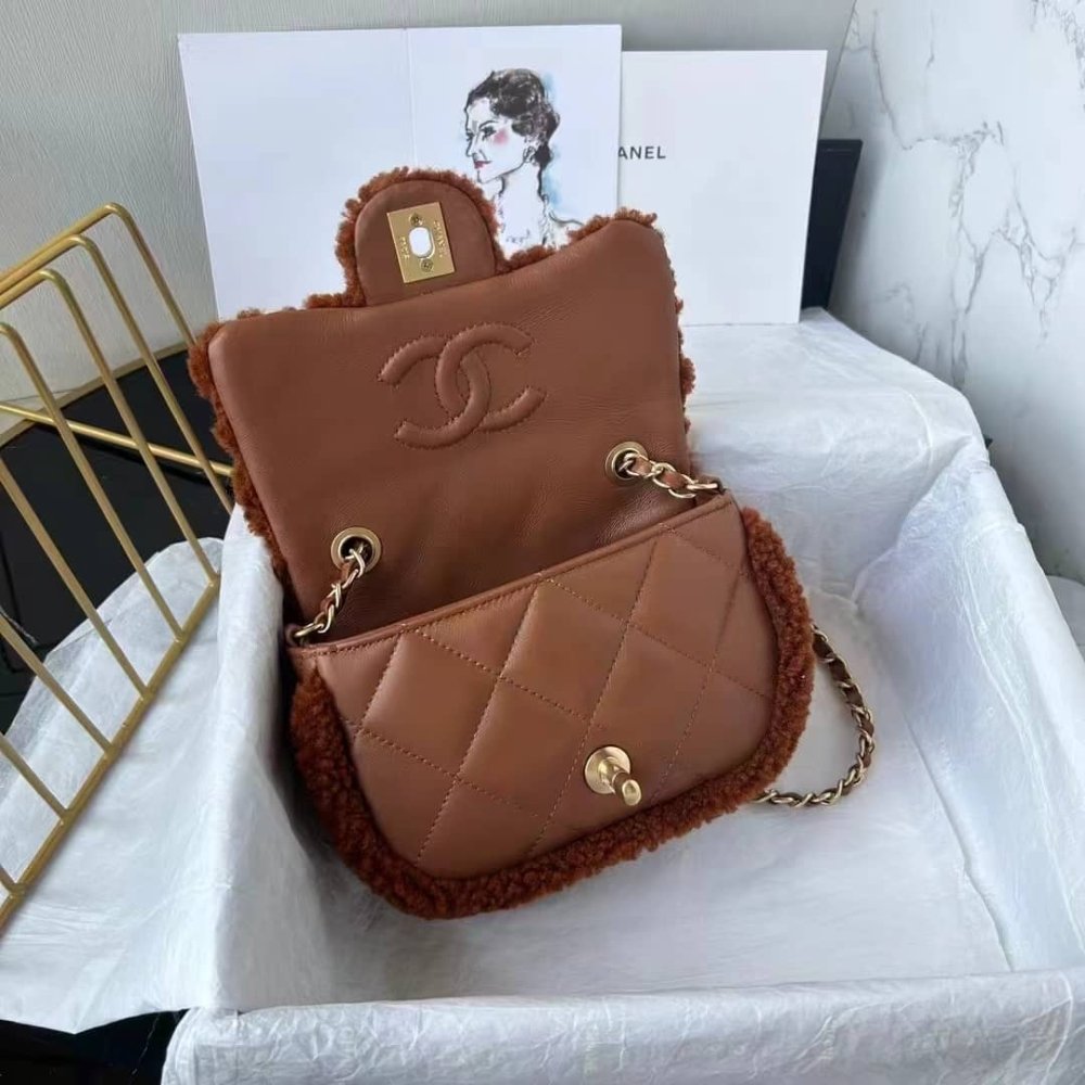 [S*per Vip 1:1] Ch**el Flap Bag Teddy Shearling And Gold Tone Metal Brown 19Cm