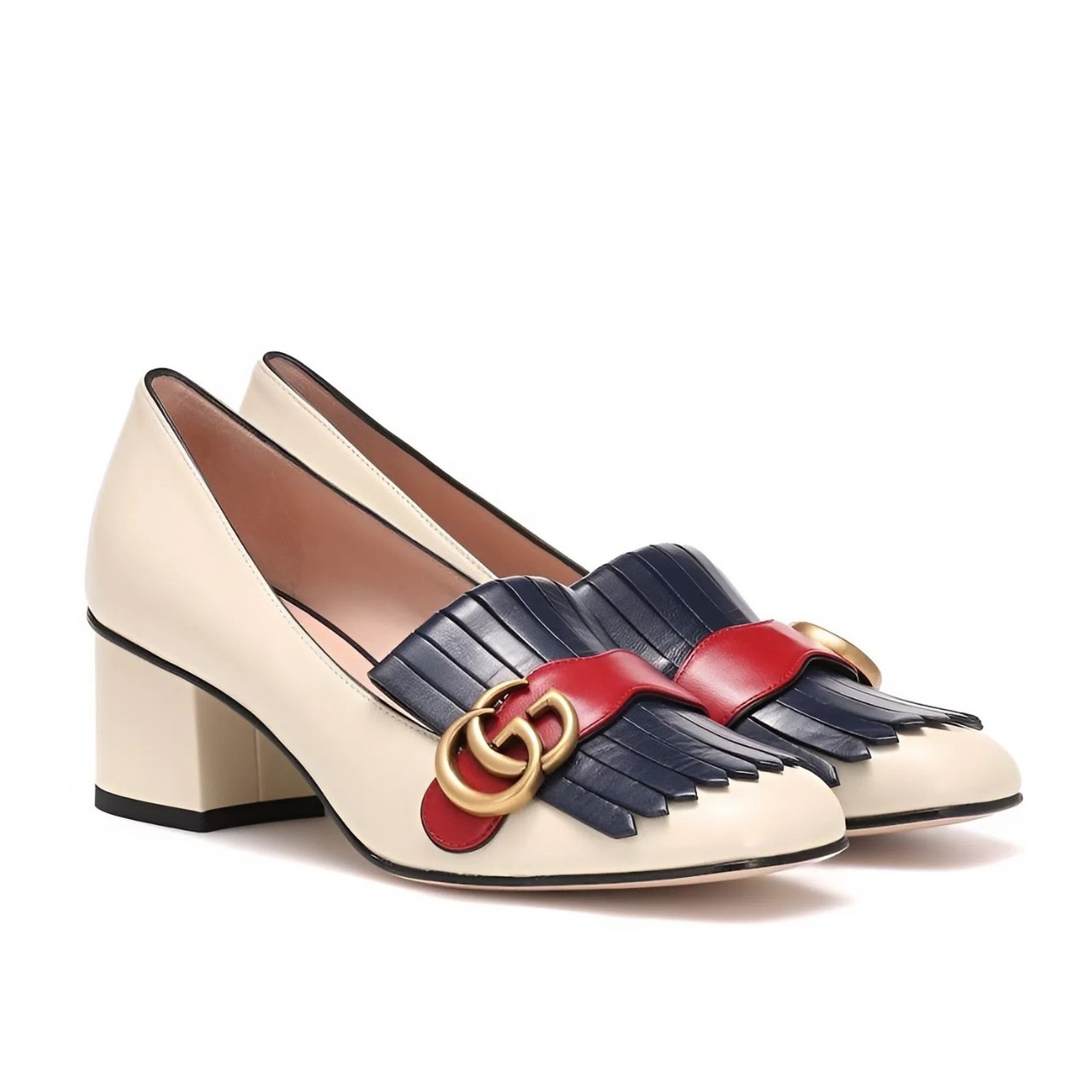 Gvc*1 Marmont Fringed Loafer Mid Heel White Blue Leather 408208 C9Dn0 9574