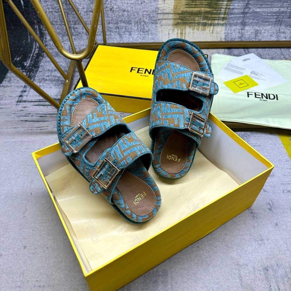 F**di Feel Ff Jacquard Velvet Slides Light Blue 8X8326Aotmf1R88