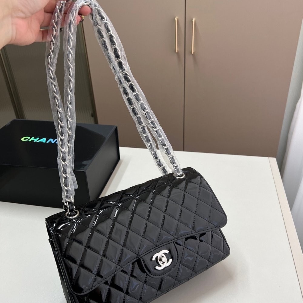 Ch**el Medium Classic Double Flap Bag Patent Leather Black 26Cm