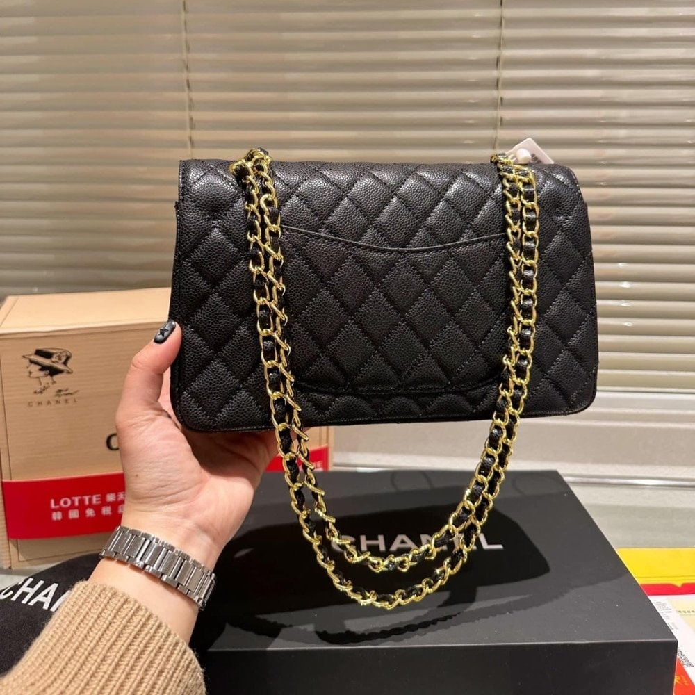 Ch**el Medium Classic Handbag Grained And Gold Tone Metal Black 26Cm A01113 Y01864 C3906