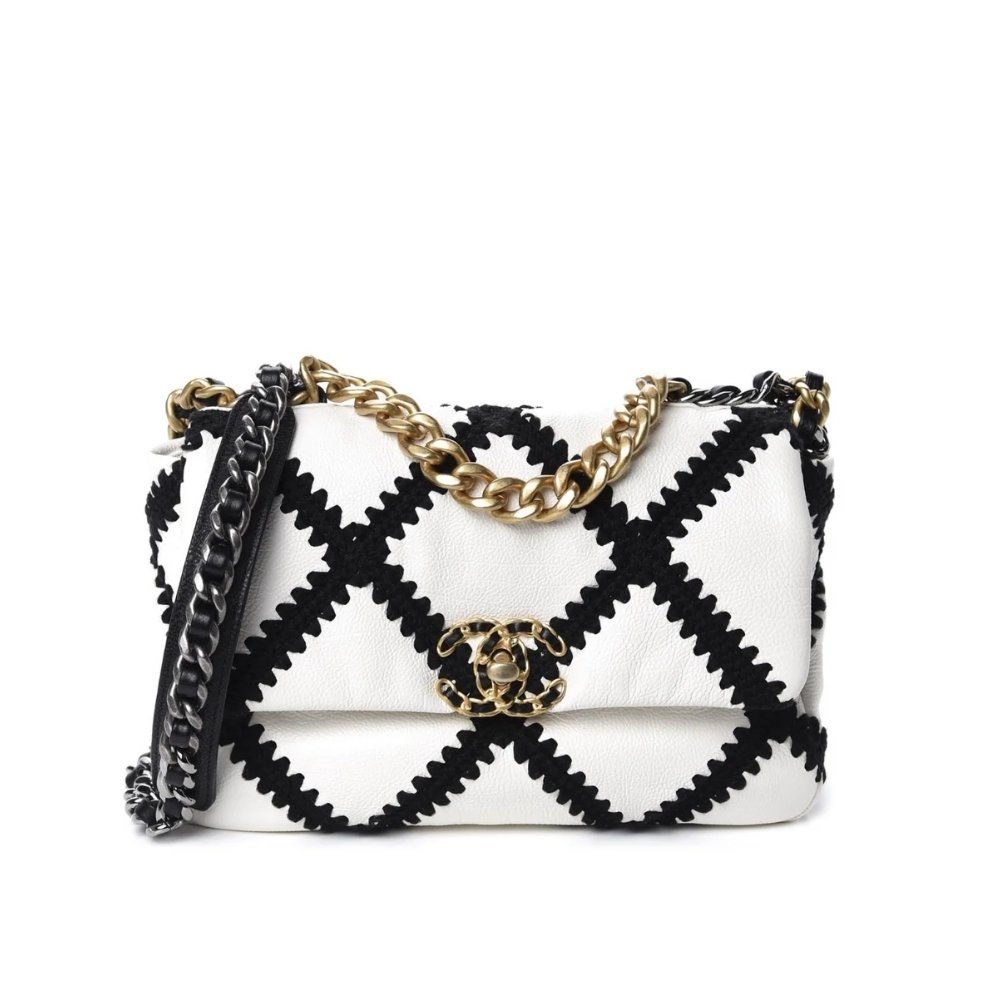 Ch**el 19 Flap Bag Crochet Gold And Silver Tone White Black 24Cm AS1160 B04824 C0200
