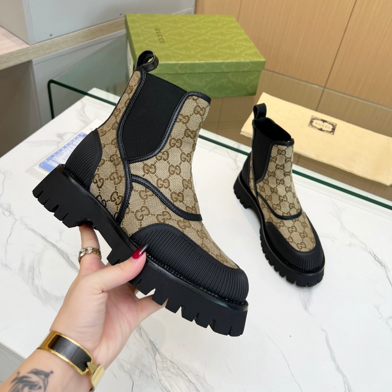 Gvc*1 Gg Canvas Ankle Boot Beige 751711 Fabsq 9751
