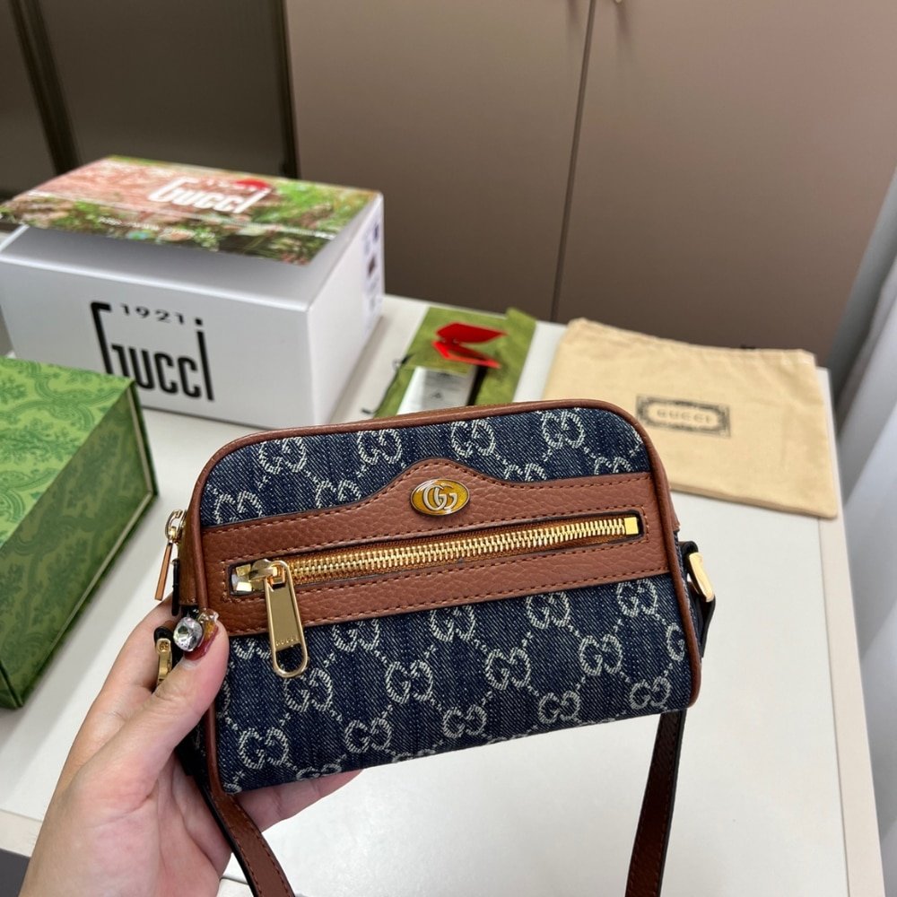 Gvc*1 Ophidia Gg Mini Denim Blue And Brown 17Cm 517350 2Kqgg 8375
