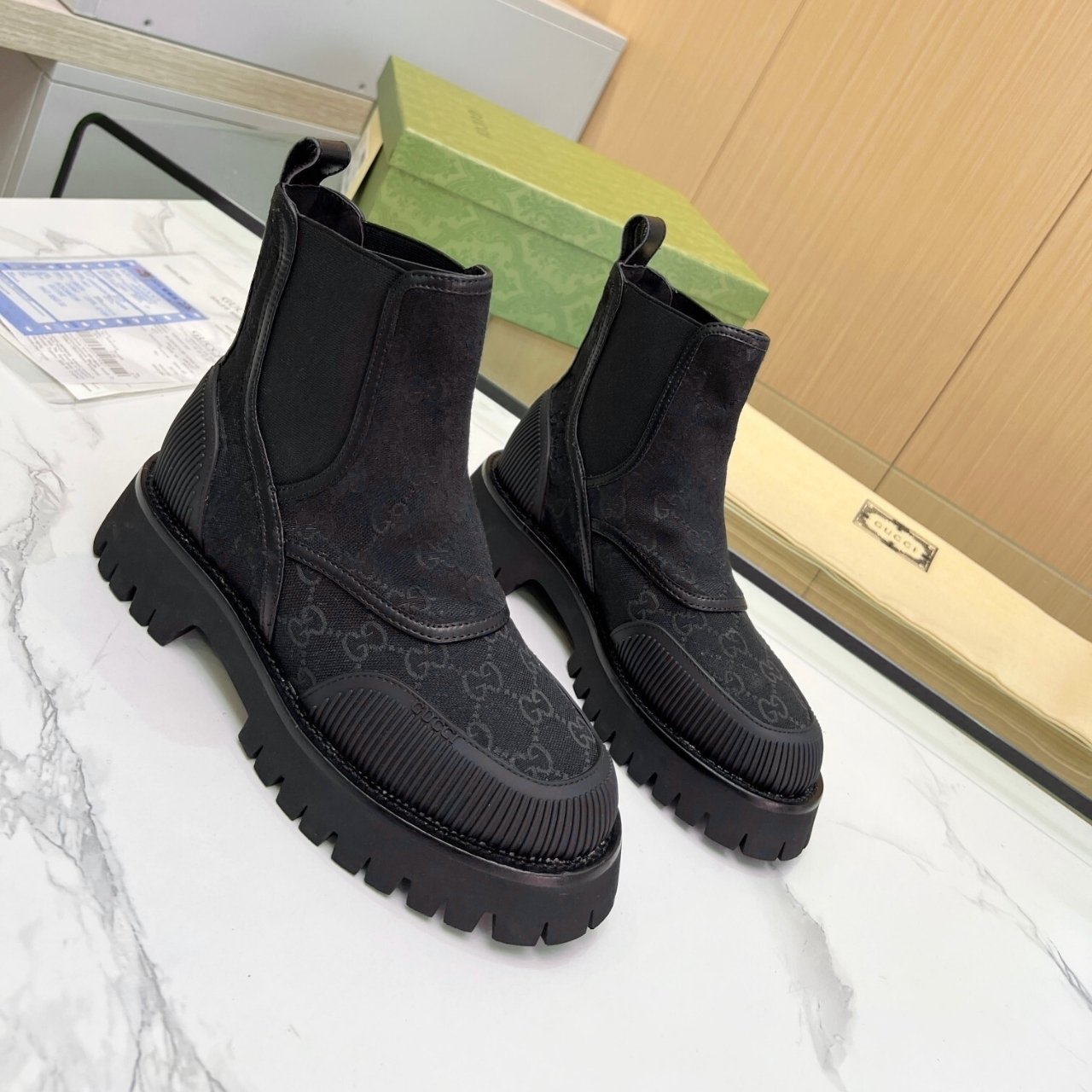 Gvc*1 Gg Jacquard Canvas Ankle Boot Triple Black 739777 Fab5I 1000