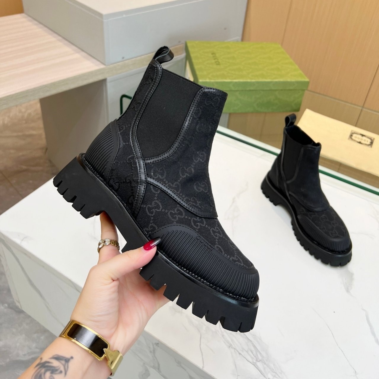 Gvc*1 Gg Jacquard Canvas Ankle Boot Triple Black 739777 Fab5I 1000