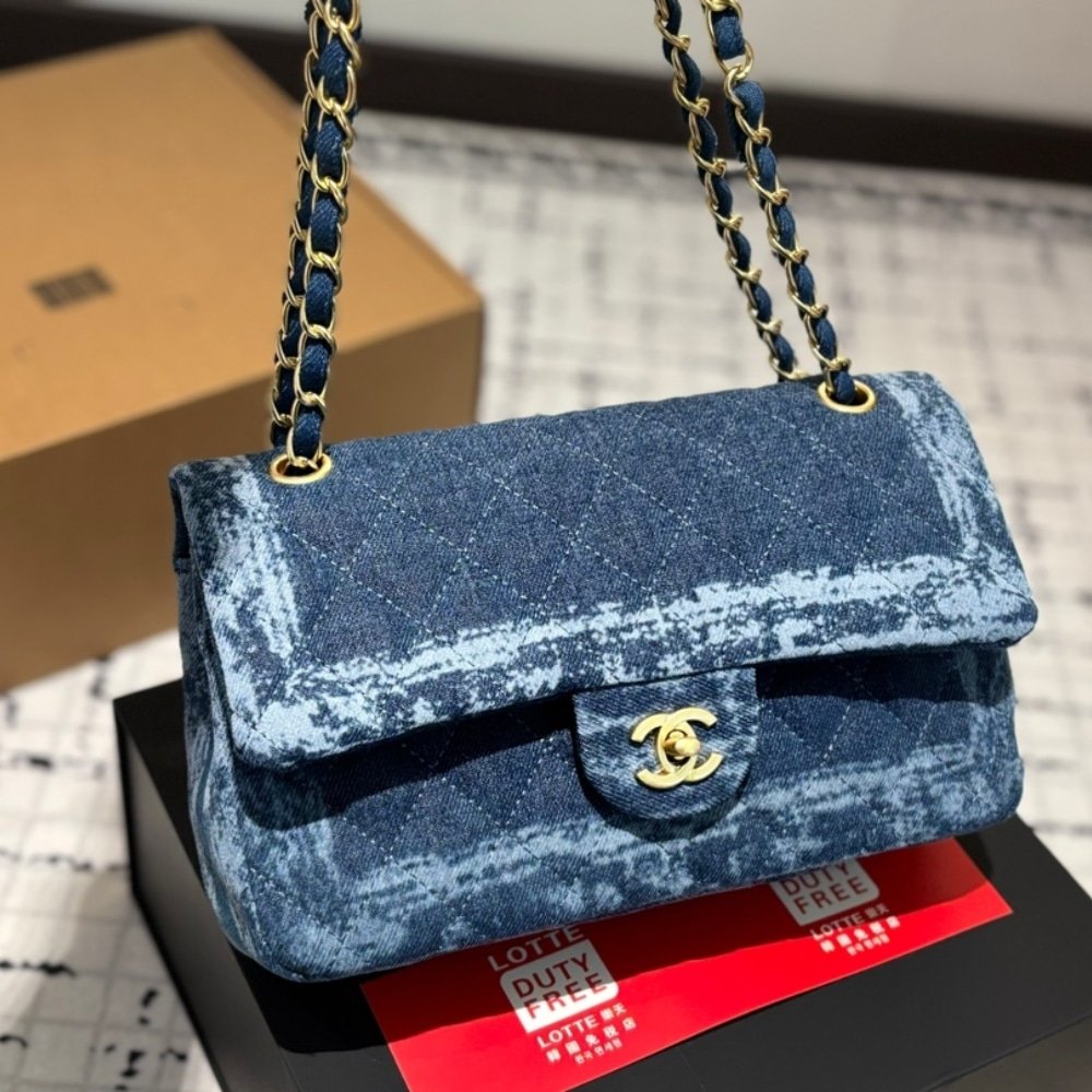 Ch**el Classic Double Flap Bag Quilted Printed Denim Medium Blue 25Cm