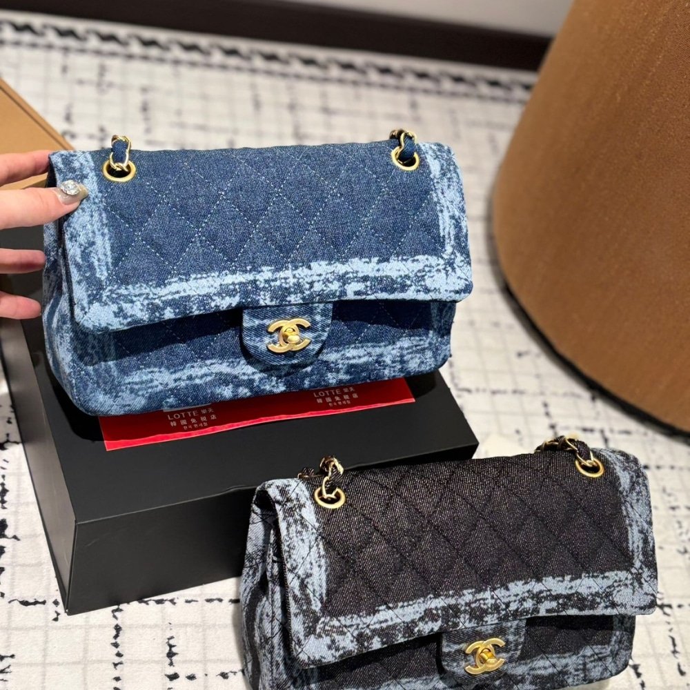 Ch**el Classic Double Flap Bag Quilted Printed Denim Medium Blue 25Cm
