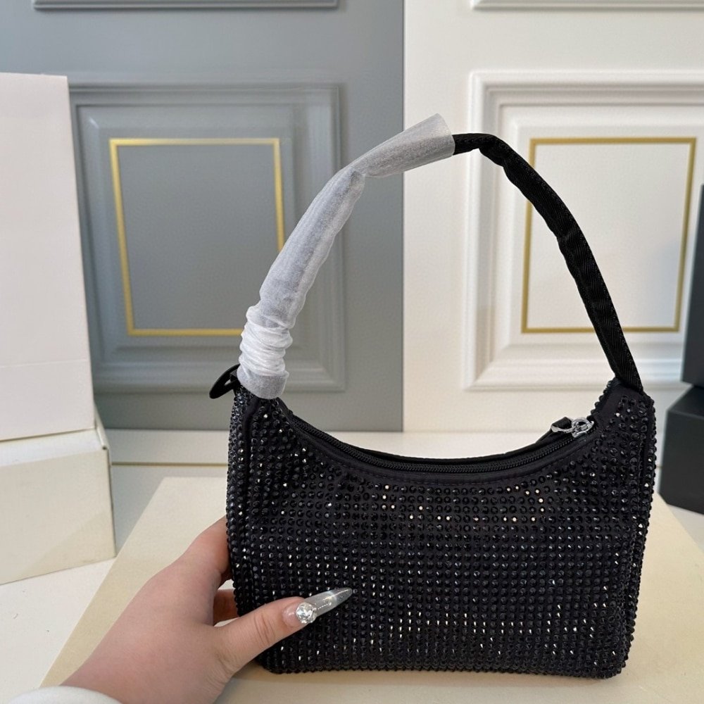 Pra*a Re Edition Satin Mini Bag With Crystals Black 21Cm 1Bc515 2Awl F0002 V Ooo