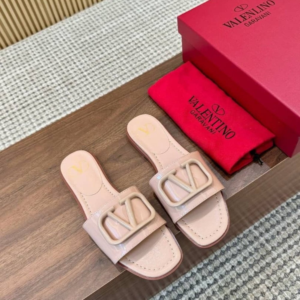 Va1e*ntin0 Smooth Leather Slippers With Vlogo Light Pink