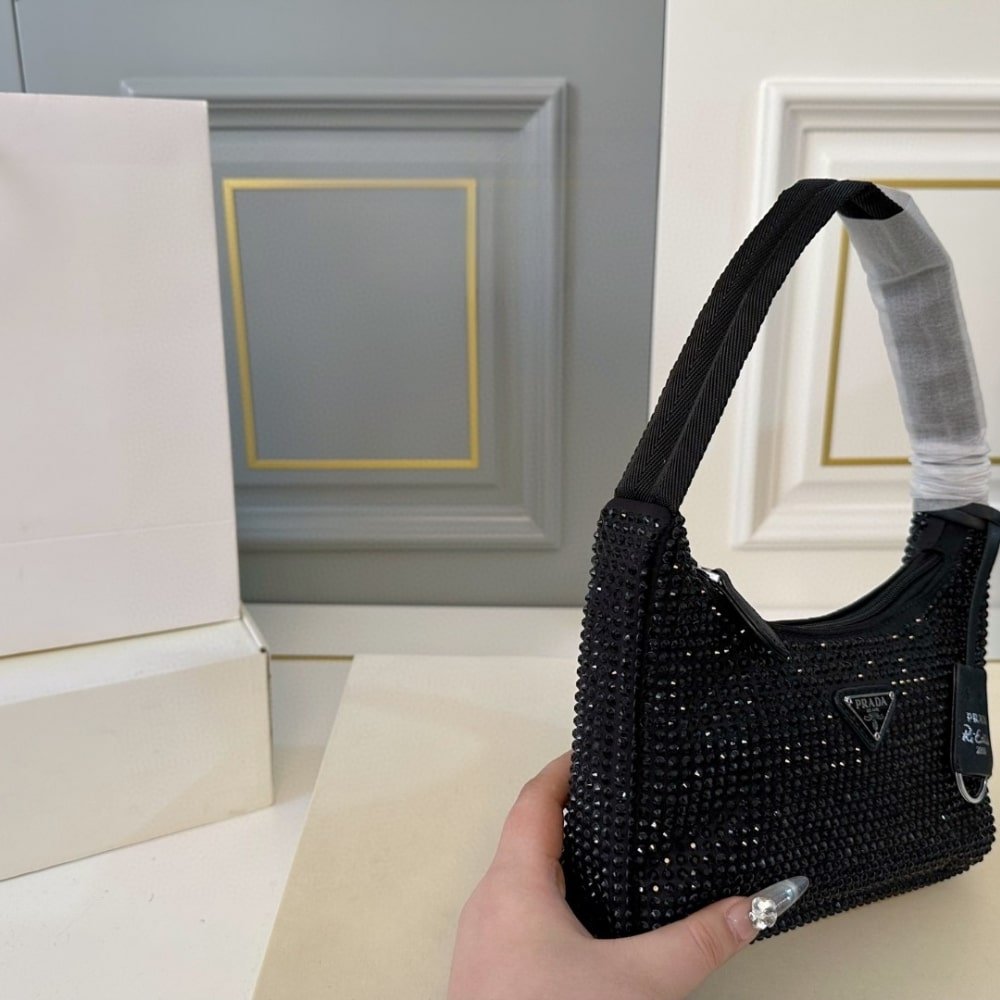 Pra*a Re Edition Satin Mini Bag With Crystals Black 21Cm 1Bc515 2Awl F0002 V Ooo