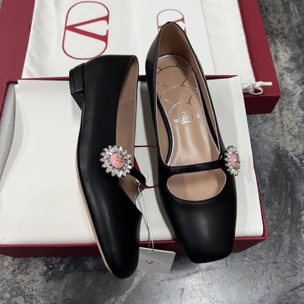 Va1e*ntin0 Mary Jane Preshoes Ballerina In Kidskin With Jewel Button Black 6W2S0Ll7Dhs 9Tj
