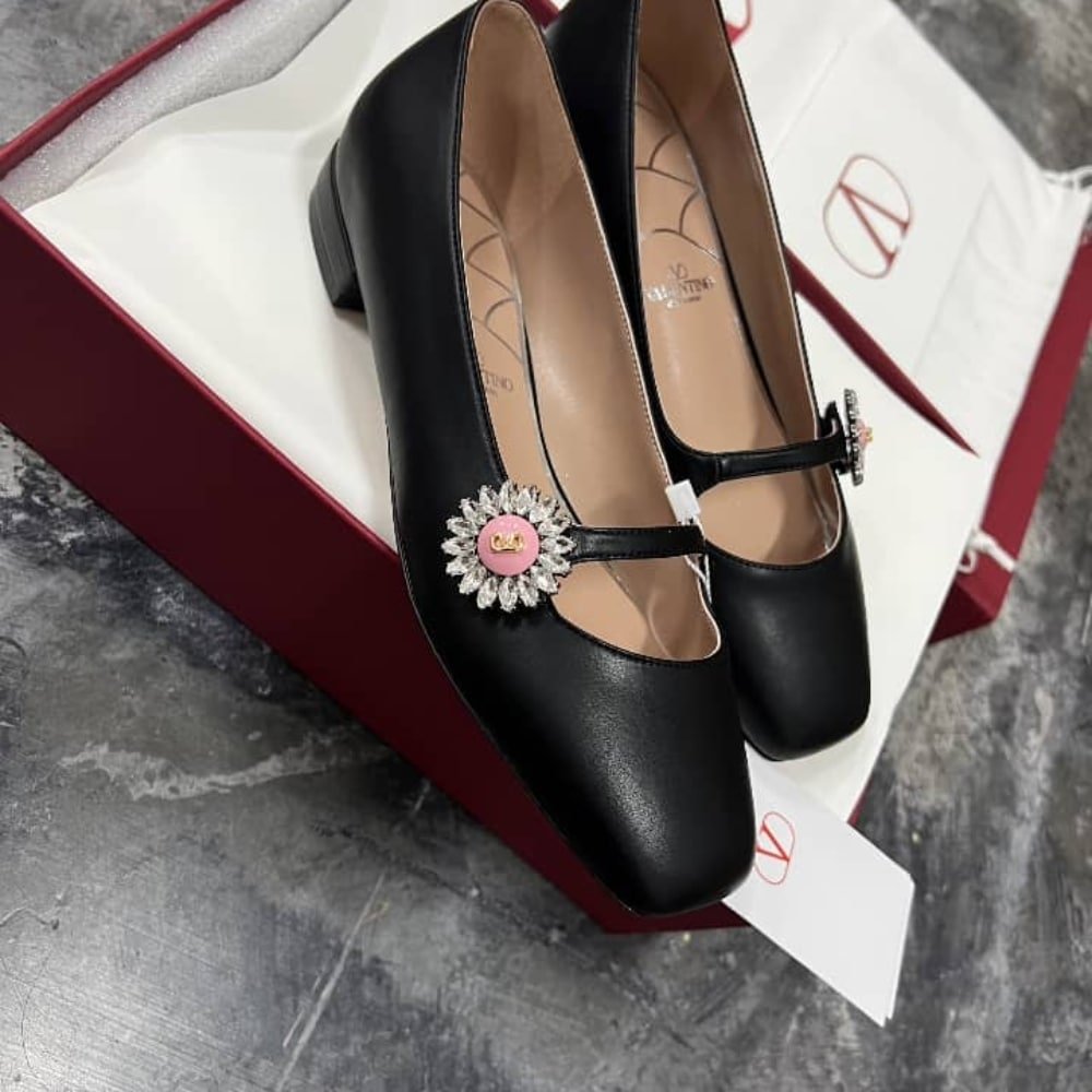 Va1e*ntin0 Mary Jane Preshoes Ballerina In Kidskin With Jewel Button Black 6W2S0Ll7Dhs 9Tj