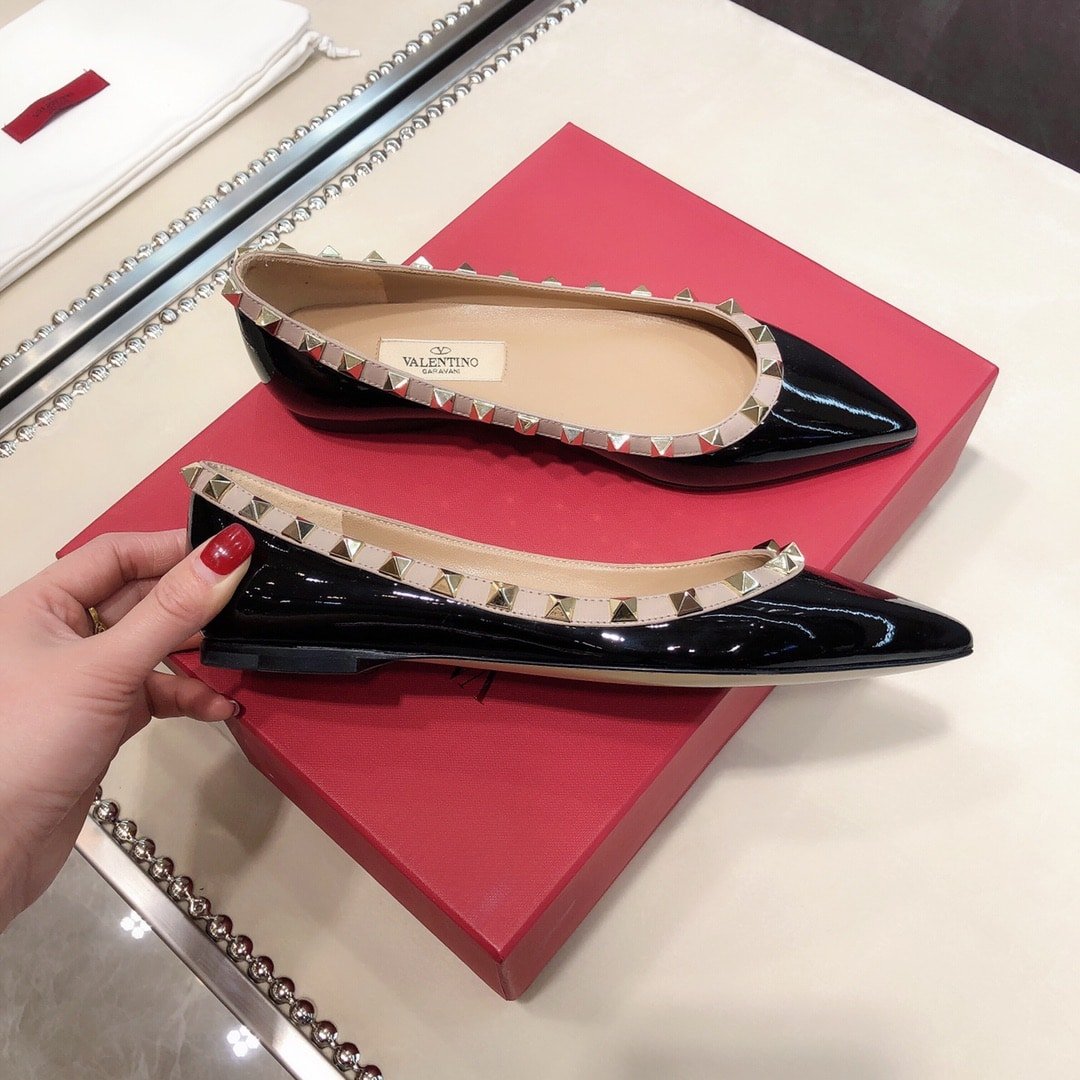 Va1e*ntin0 Patent Rockstud Ballet Flat Black 5W2S0403Vnw N91