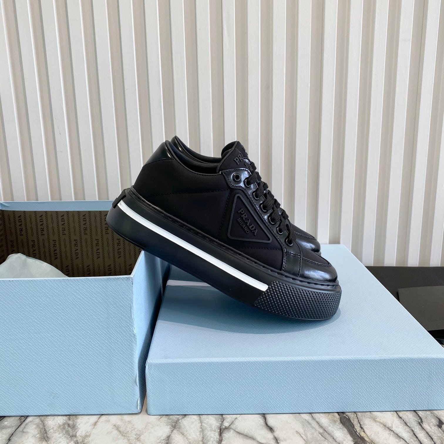 Pra*a Macro Re-Nylon And Brushed Leather Sneakers Black 2Eg3763Lf5F0632