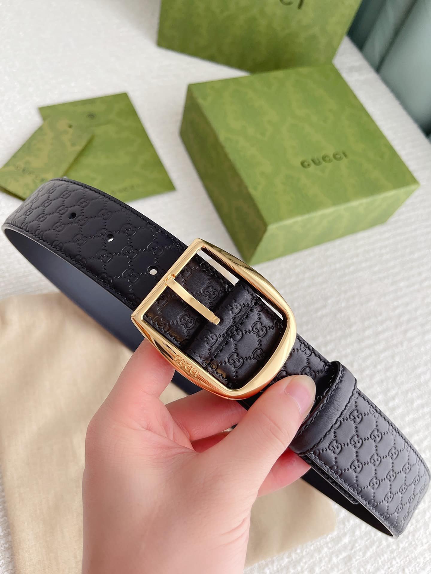 Gvc*1 Calfskin Monogram Black Belt Gold Metal 4Cm