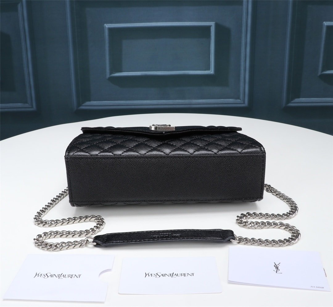 Sa1nt Lau*nt Envelope Small In Quilted Grain De Poudre Embossed Leather Black Silver 21Cm 600195Bow921000