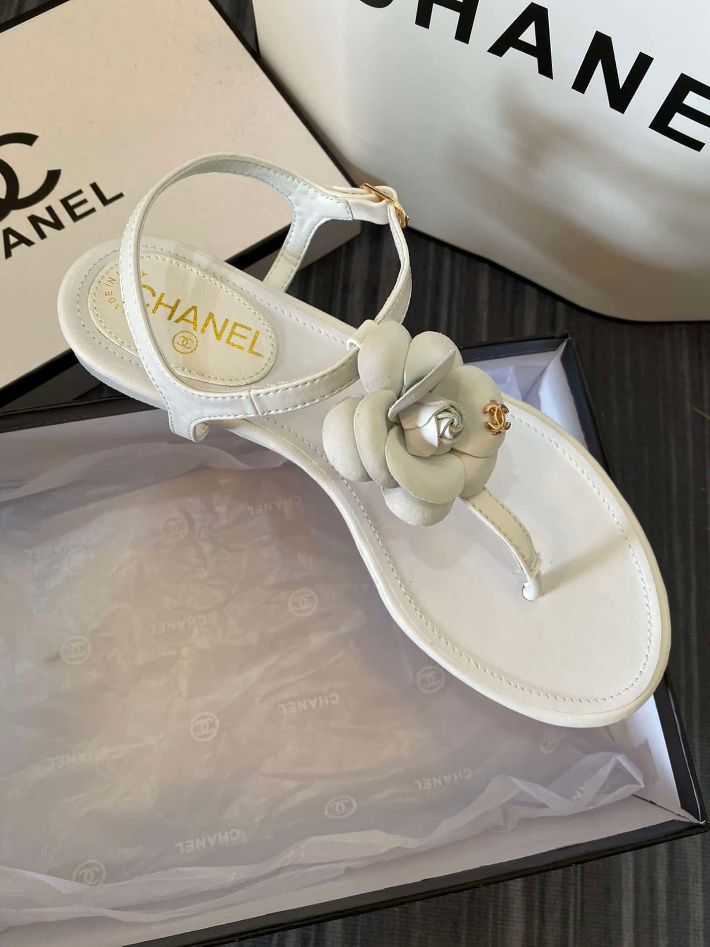 Ch**el Jelly Rubber Camellia Sandals White