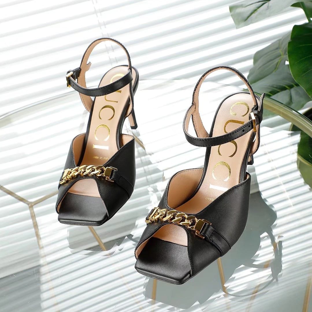 Gvc*1 Metal Chain Stiletto Heels Flip Flop Fish Mouth Sandals Black