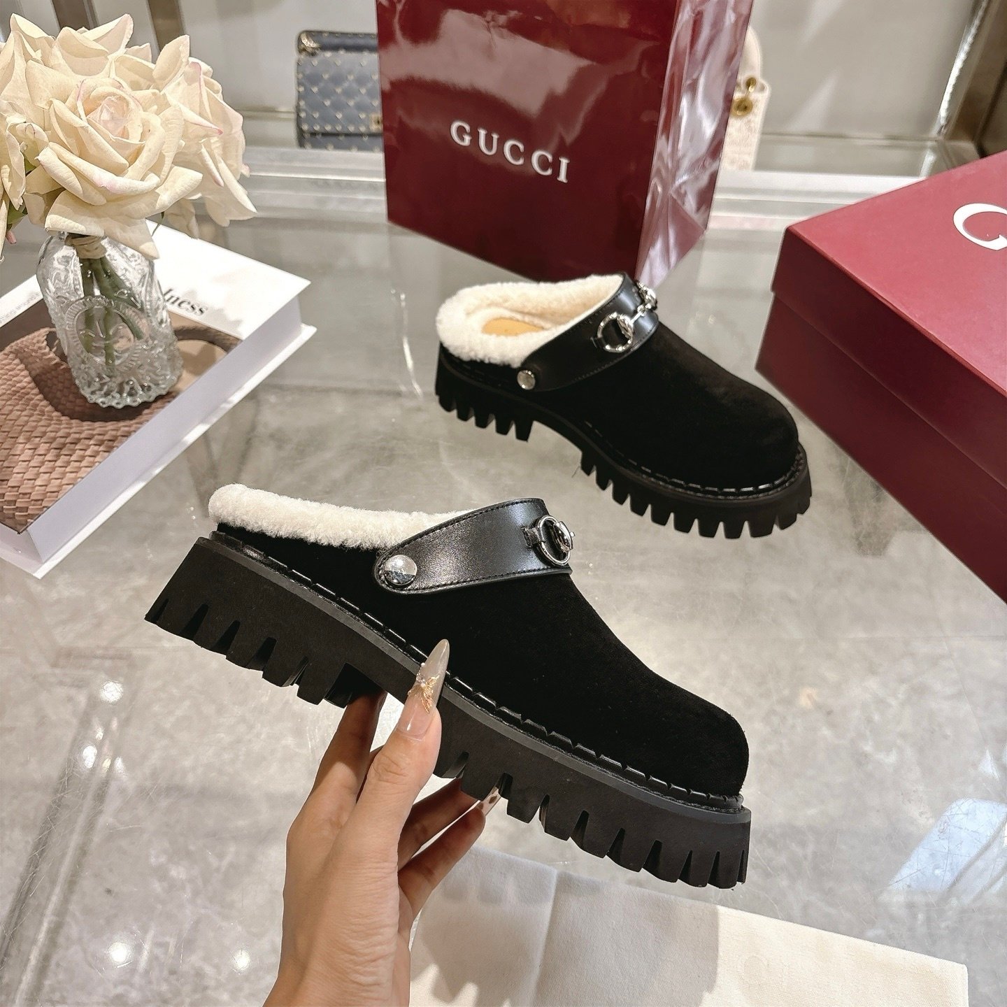 Gvc*1 Horsebit Shearling Mules In Black Suede
