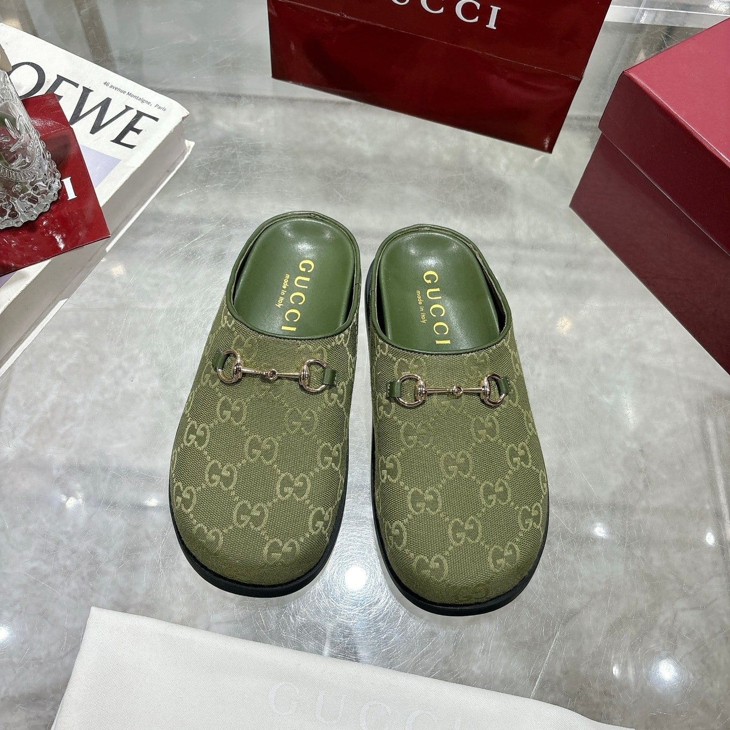Gvc*1 Women Mule With Horsebit Dark Green Gg Canvas 837130 Fab10 3046