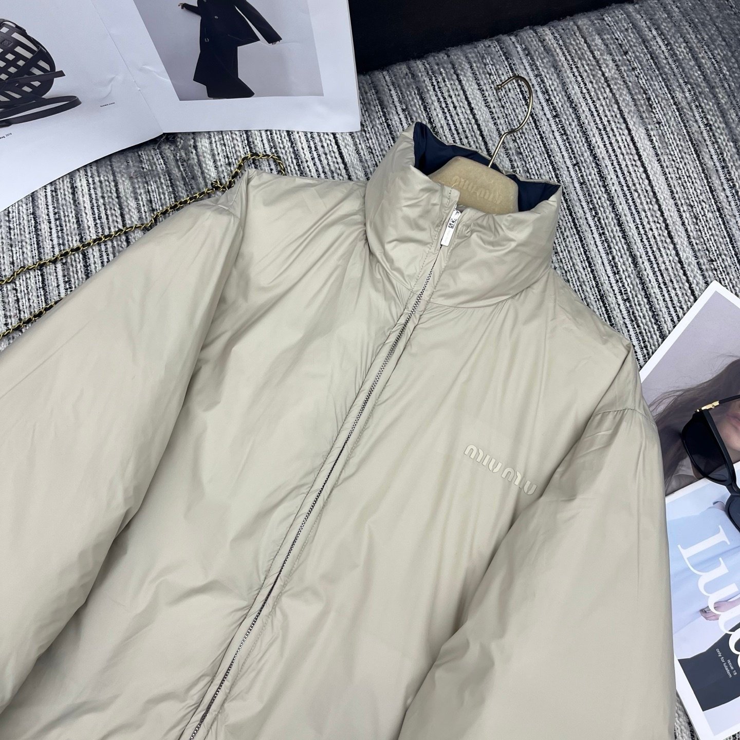 M1um1u High Neck Reversible Puffer Jacket Beige