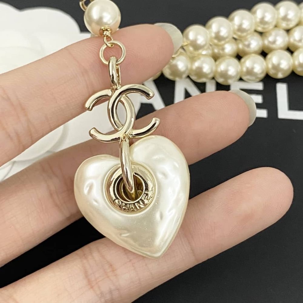 Ch**el Double Strand Pearl Necklace with Heart Shaped Charm