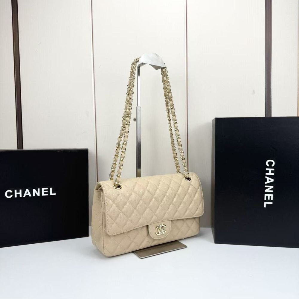 Ch**el Medium Classic Double Flap Bag Beige 25Cm A01113 Y04059 NZG77