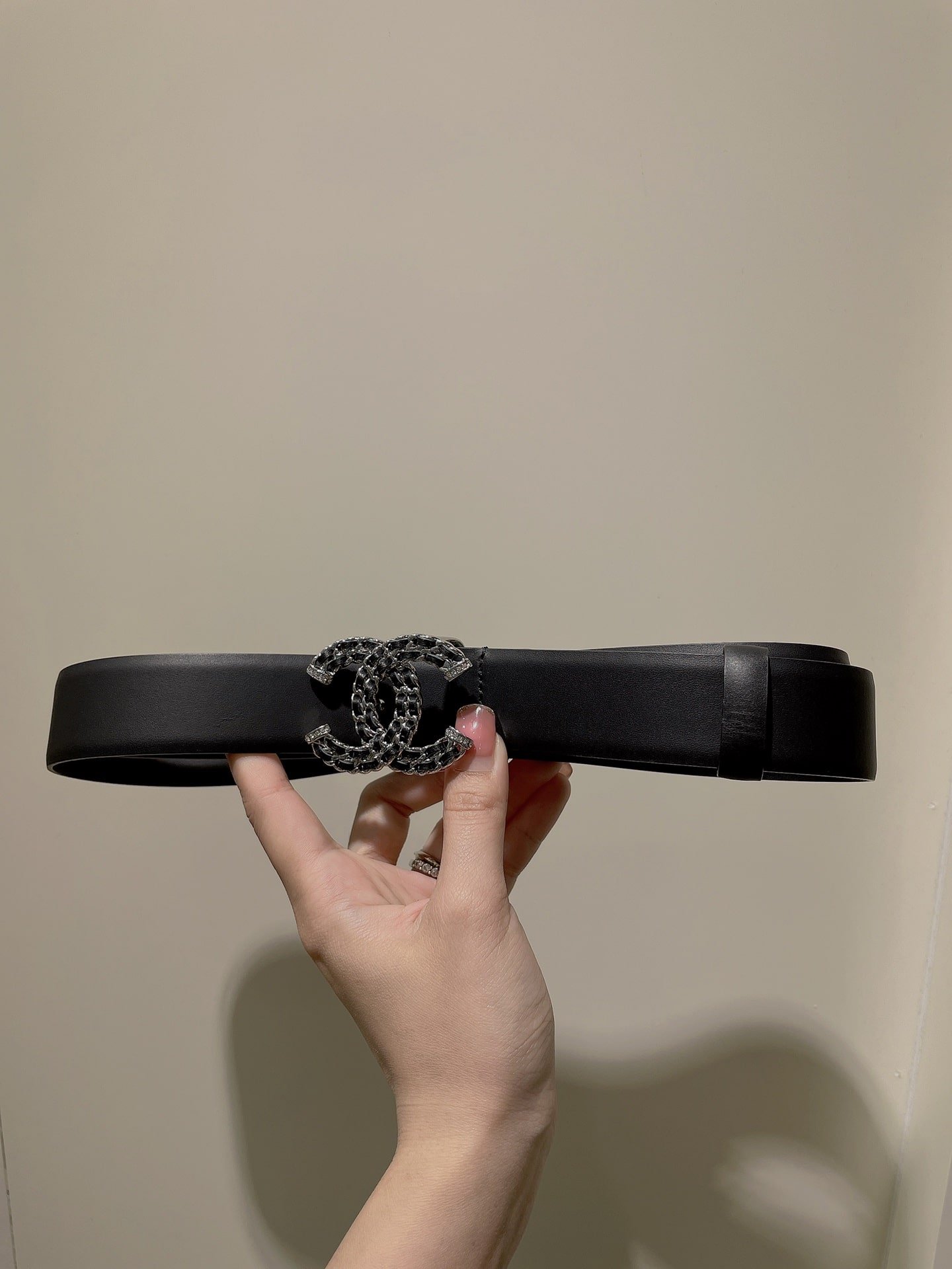 Ch**el Belt Calfskin Gold Metal Strass Black 3Cm