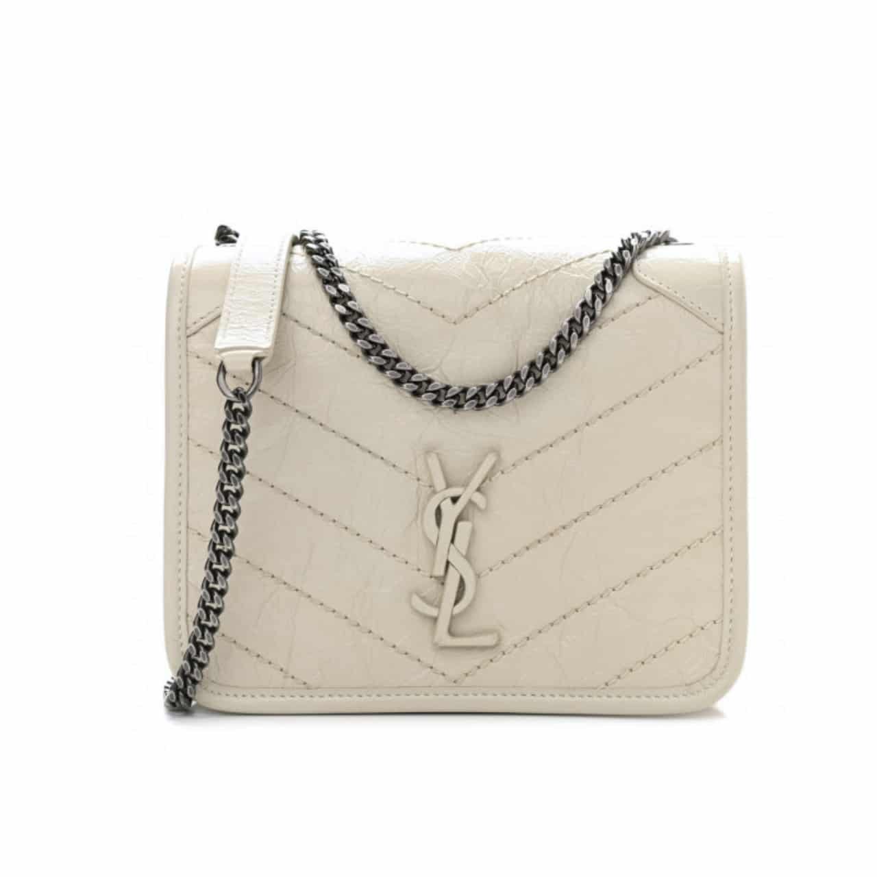 Sa1nt Lau*nt Niki Vintage Leather Chain Wallet Cream 19Cm