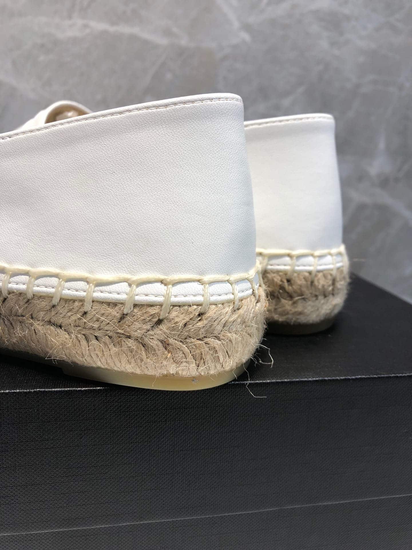 Ch**el Embroidered Espadrille Leather Black Cap Toe Flats White Cc