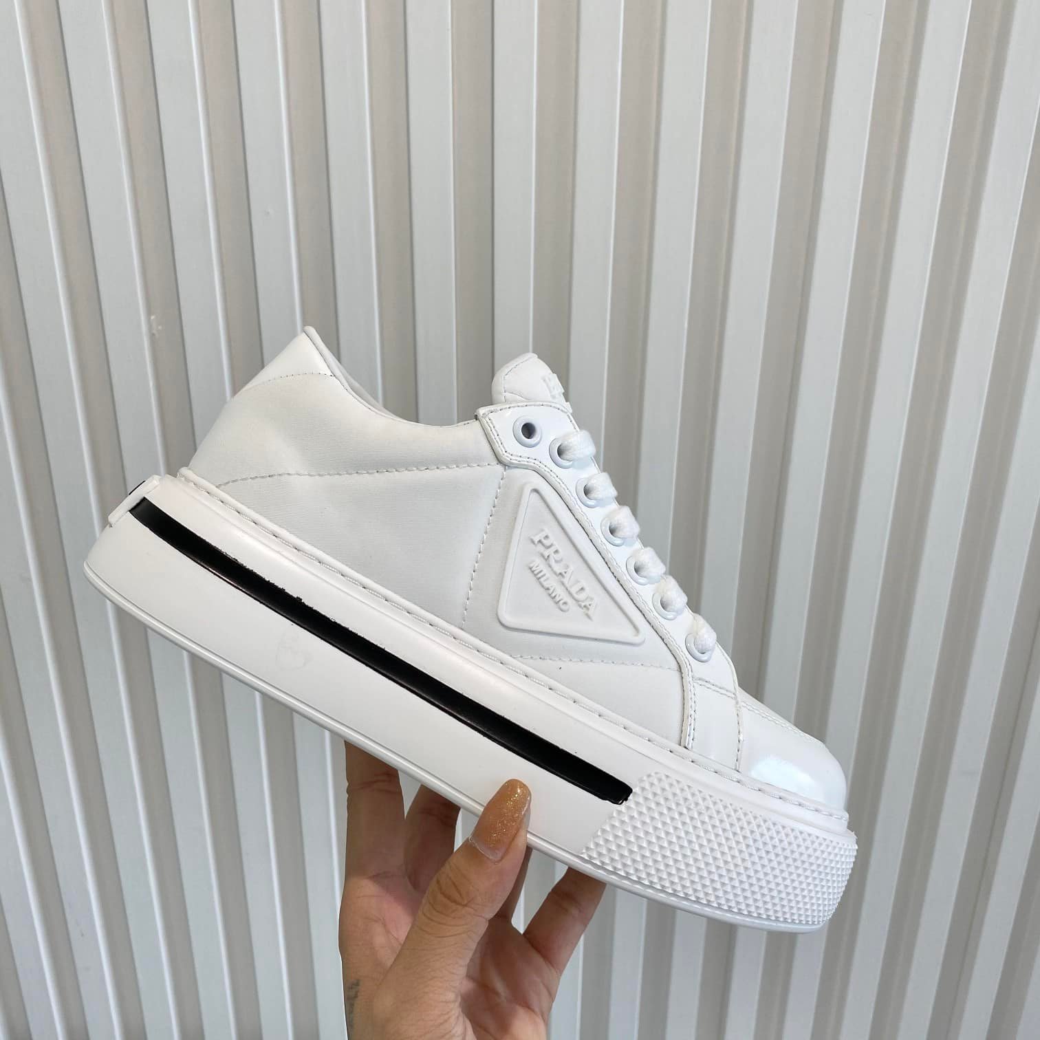 Pra*a Macro Re-Nylon And Brushed Leather Sneakers White 2Eg3763Lf5F0009