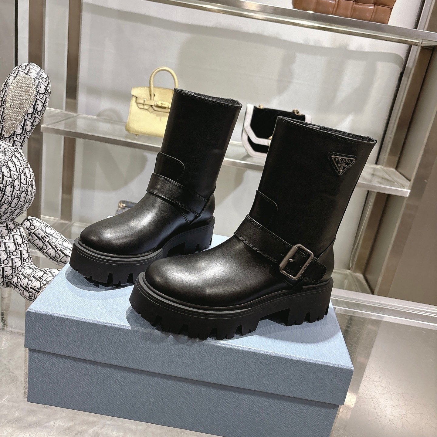 Pra*a Leather Booties Black 1U187O Uze F0002 F 050