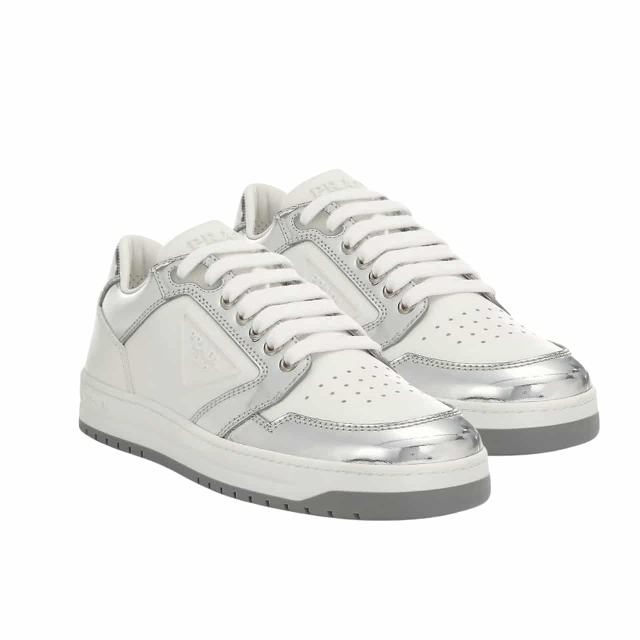 Pra*a District Leather Sneakers White Sliver 1E790M 3Lj6 F0J36