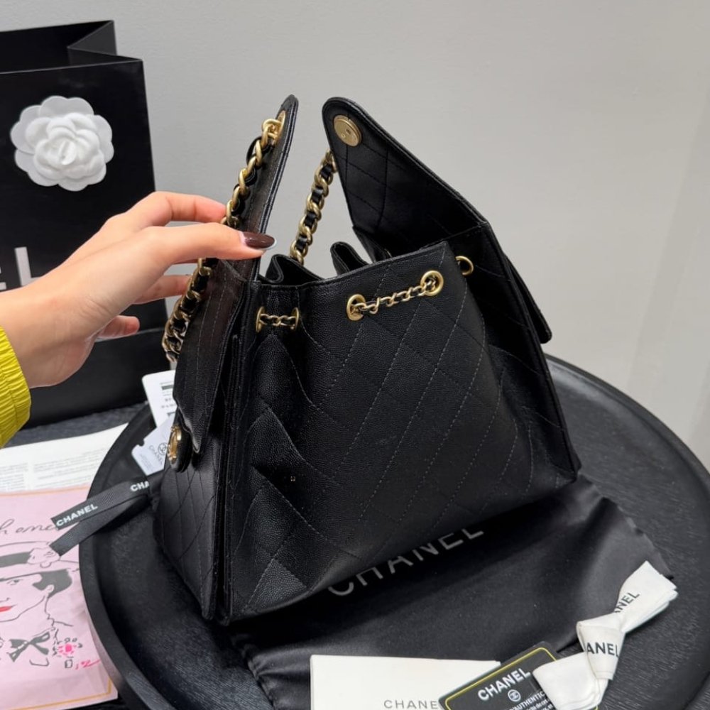 Ch**el 25 Small Handbag Grained And Gold Tone Metal Black 26Cm As5293 B20304 94305
