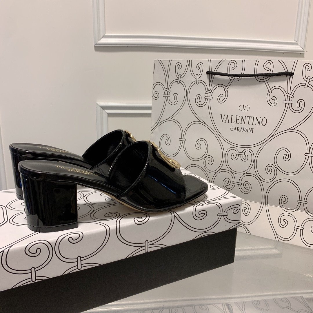 Va1e*ntin0 Vlogo Signature Square Toe Middle Heel Black Slide Sandal