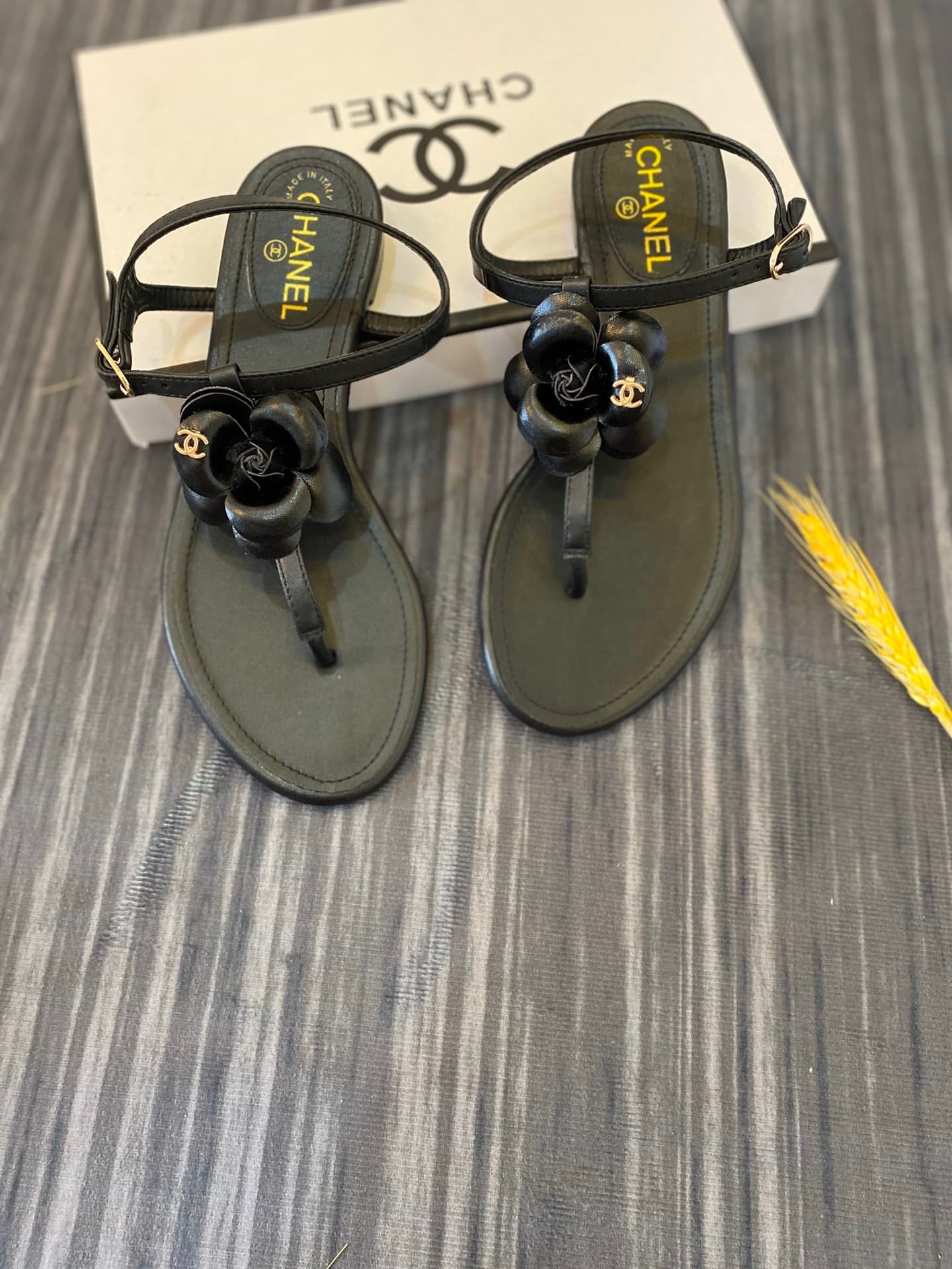Ch**el Jelly Black Rubber Camellia Sandals Black