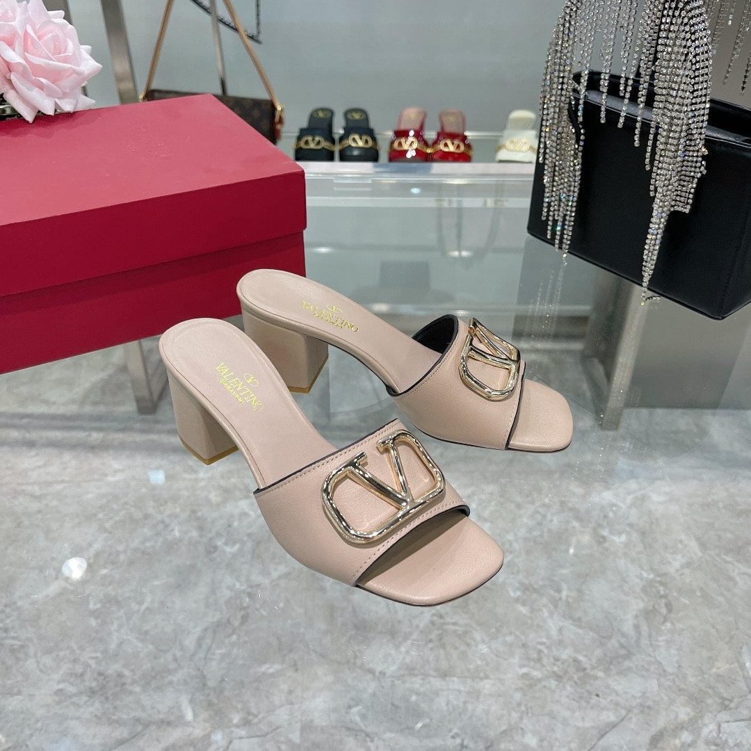 Va1e*ntin0 Vlogo Signature Square Toe Middle Heel Sliver And Poudre Slide Sandal
