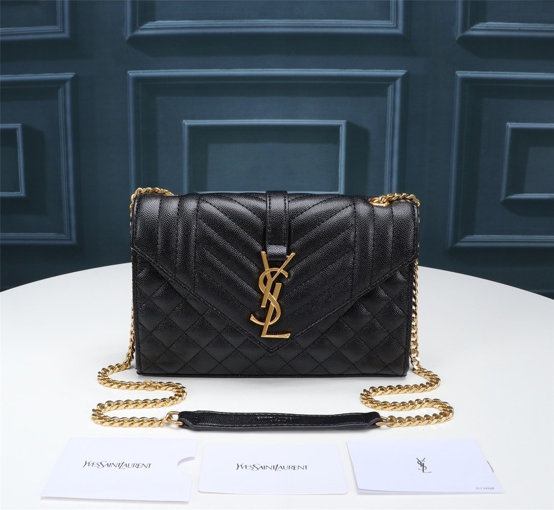 Sa1nt Lau*nt Envelope Small In Quilted Grain De Poudre Embossed Leather Gold Black 21Cm 600195Bow911000