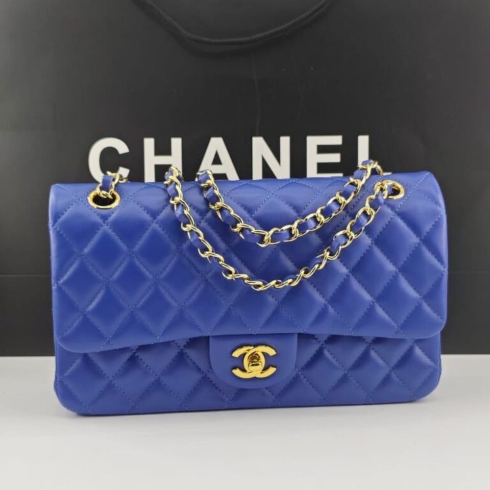 Ch**el Classic Medium Flap Navy And Gold 25Cm