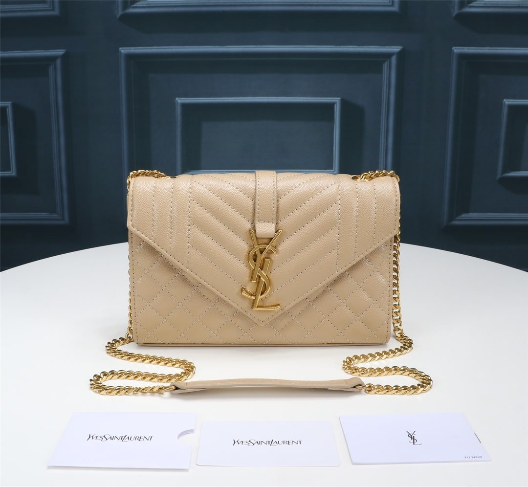 Sa1nt Lau*nt Envelope Small In Quilted Grain De Poudre Embossed Leather Beige 21Cm 600195Bow912721