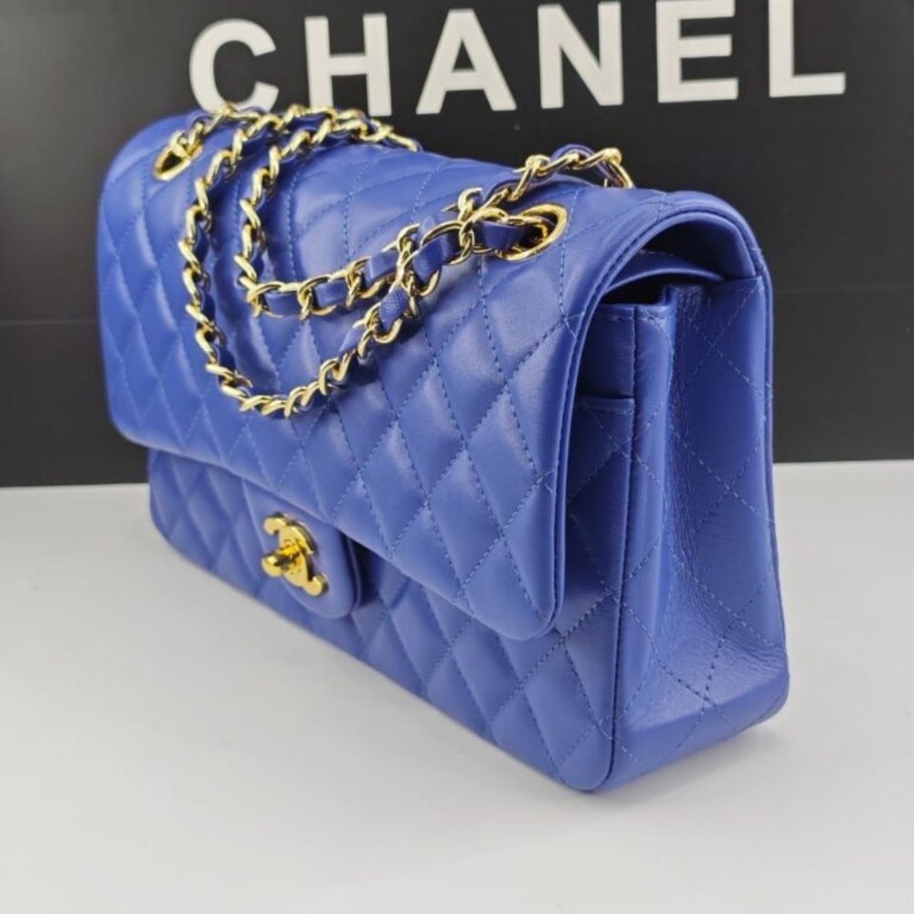 Ch**el Classic Medium Flap Navy And Gold 25Cm