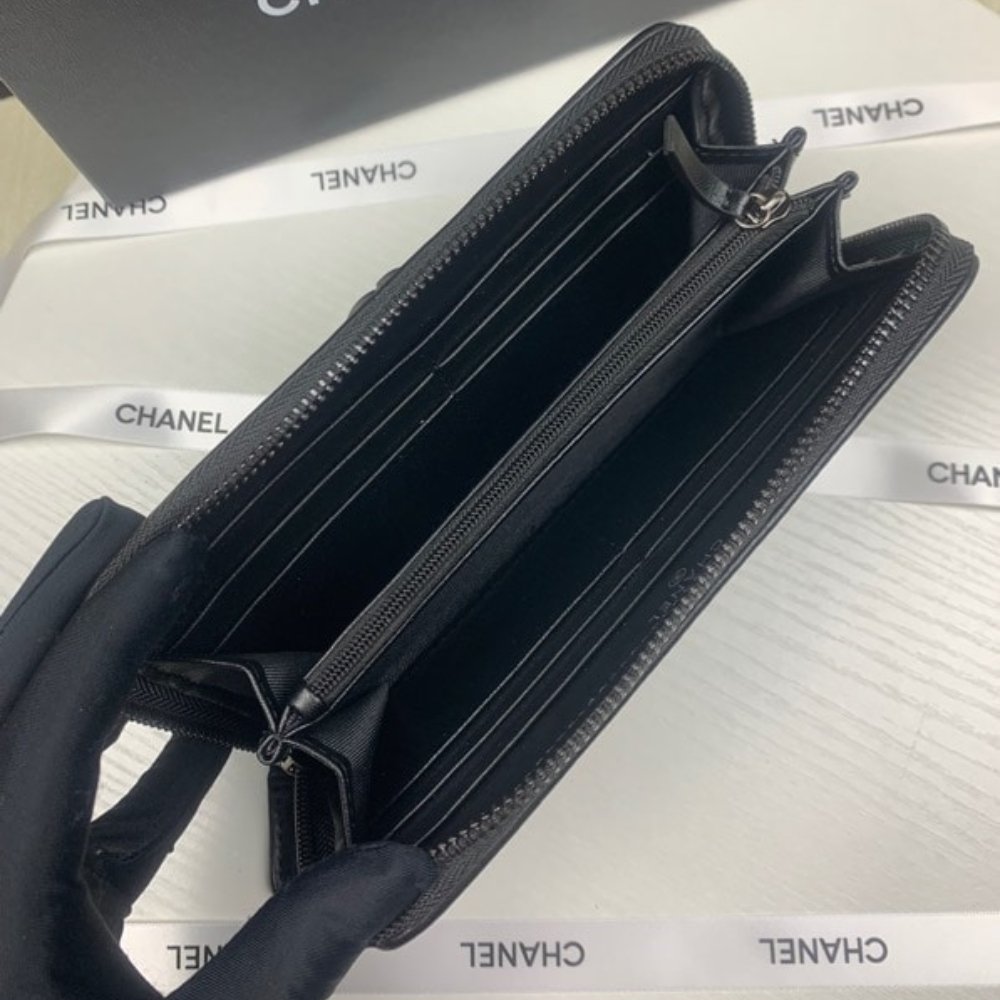 Ch**el Boy Long Zipped Wallet Silver Hardware Black 19Cm