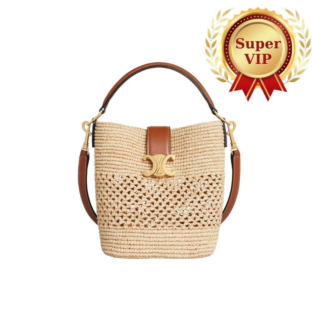 [S*per Vip 1:1] Ce1i*e Small L0vise Bucket In Raffia Natural And Tan 19Cm 119742Gns 02Nt