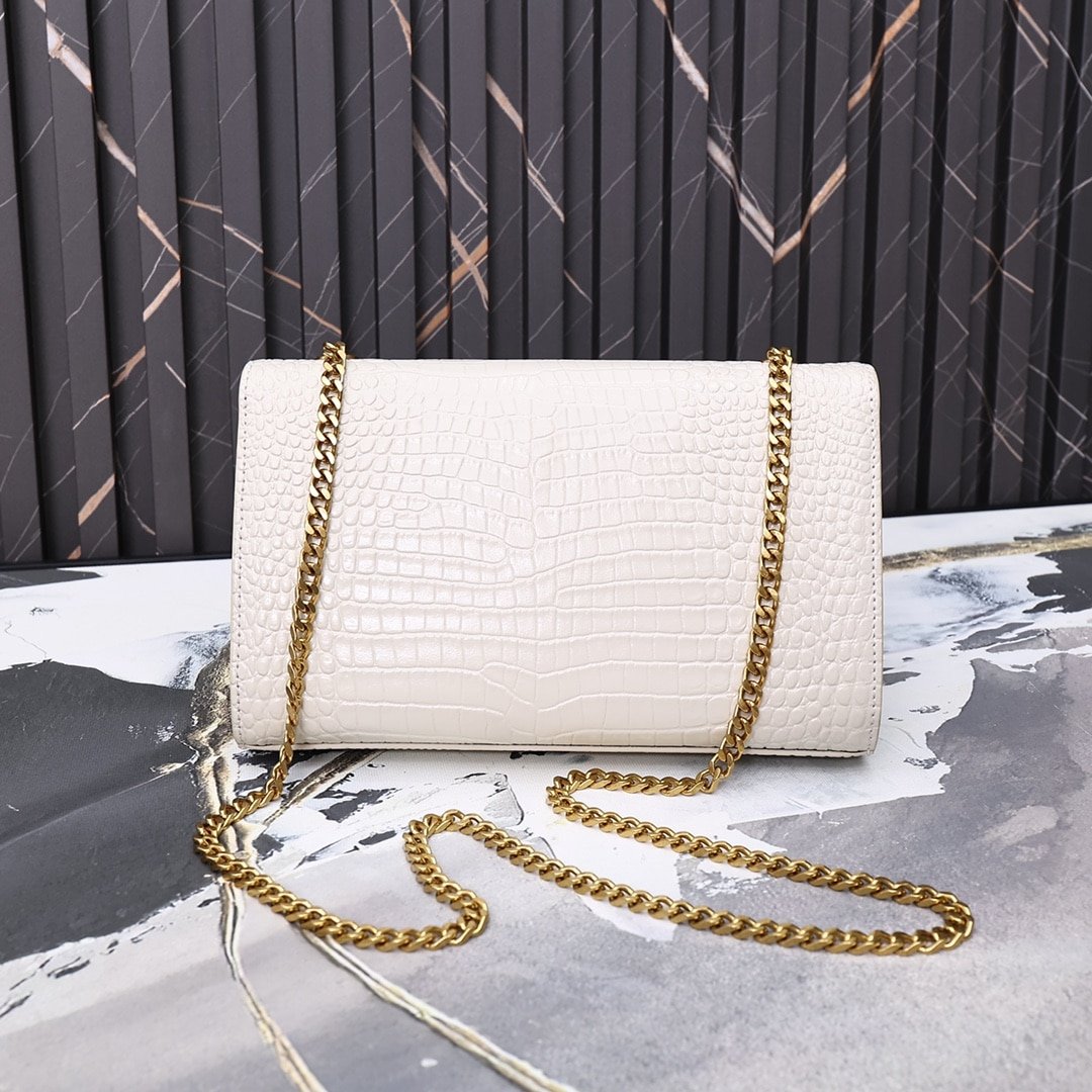 Sa1nt Lau*nt Kate Medium Chain Bag With Tassel In Crocodile-Embossed Shiny White 354119Dnd0J9207